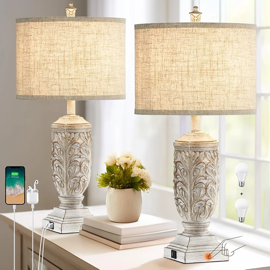 Farmhouse 3-Way Dimmable Touch Table Lamps Set of 2 for Living Room with USB Charging Ports A/C, 27.5" Tall Rustic Bedside Nightstand Lamps for Bedroom White Resin Retro Side Table Lamp with 2 Bulbs