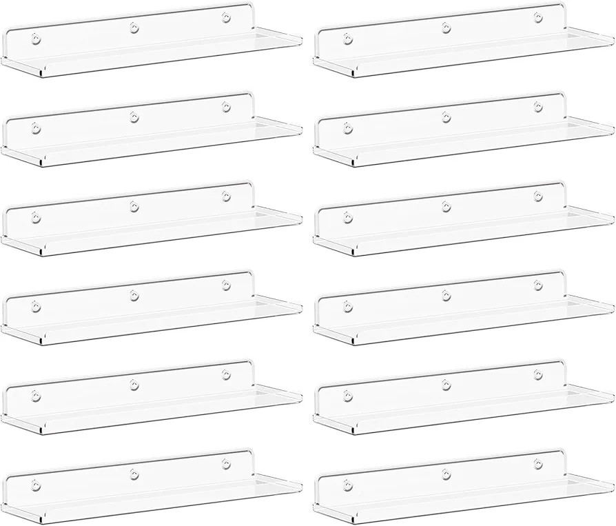 Lifewit Floating Shelves for Wall, 12 Pack Clear Acrylic Shelf 15" Room Decor for Bookcase/Vinyl Record Display/Photo/Picture in Bedroom, Living Room, Bathroom, Kitchen Storage and Organization