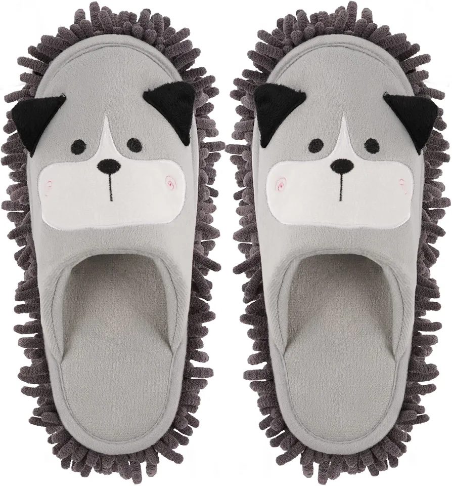 Cartoon Dog Mop Slippers Microfiber Clean Dusting Slippers Detachable Mopping Shoes for Office Home Room (Gray)