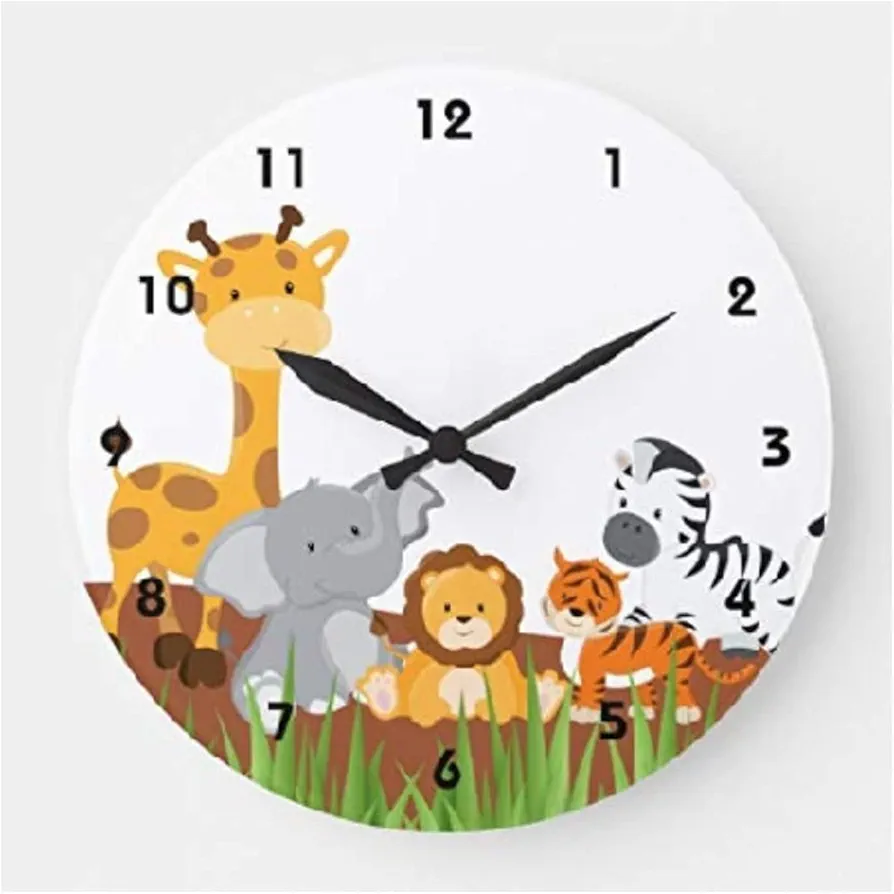 Cute Jungle Baby Animal Wall Clock Funny Nursery Wood Clock 10 Inch Silent Non-Ticking Quartz Battery Operated for Living Room Kitchen Bedroom Housewarming Valentine Wedding Gift