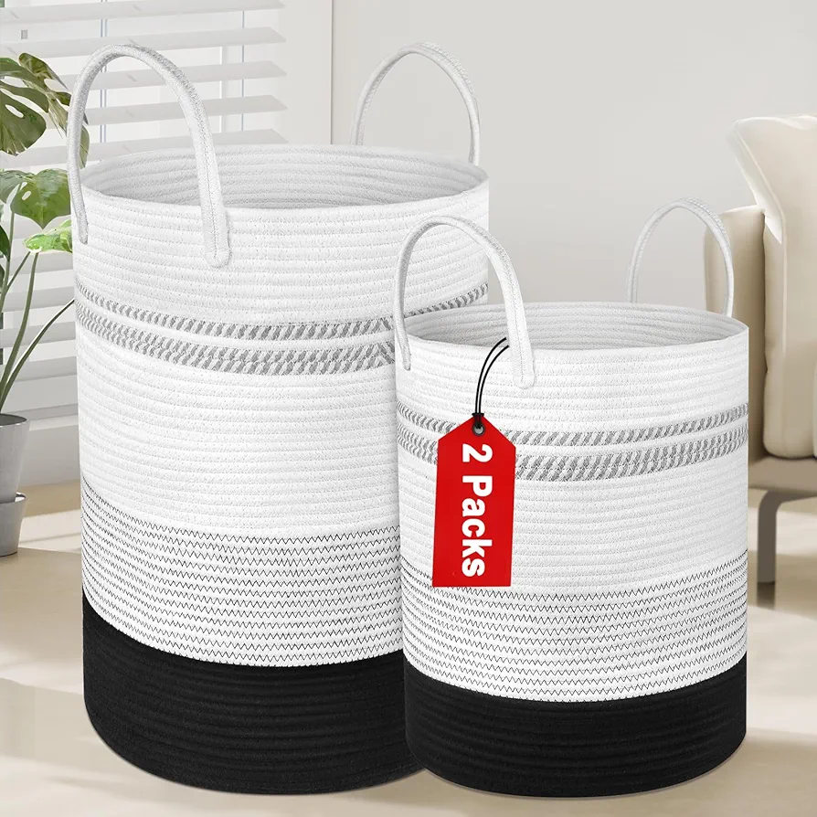 2 Pack Large Tall Rope Laundry Baskets, Cotton Laundry Hamper, Dirty Clothes Hampers Woven Basket, Blanket Basket Storage for Living Room, Dirty Clothes Baskets for Bedroom, Baby Room, 58L&28L Black