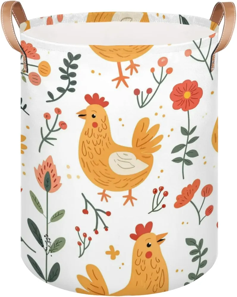 Laundry Basket with Handles, Collapsible Laundry Hamper, Farmhouse Rooster Waterproof Round Storage Basket for Blanket Towels, Living Room Bathroom Bedroom Entryway, Chickens