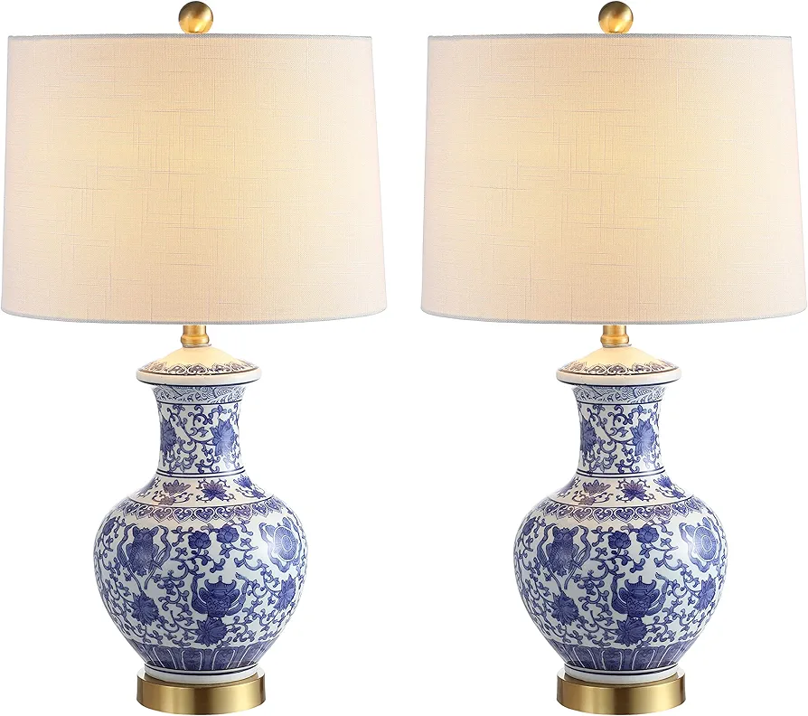 JONATHAN Y JYL1072A-SET2 Set of 2 Table Lamps Jennifer 25.25" Ceramic/Metal LED Table Lamp Cottage Bedside Desk Nightstand Lamp for Bedroom Living Room Office College Bookcase, Blue/White