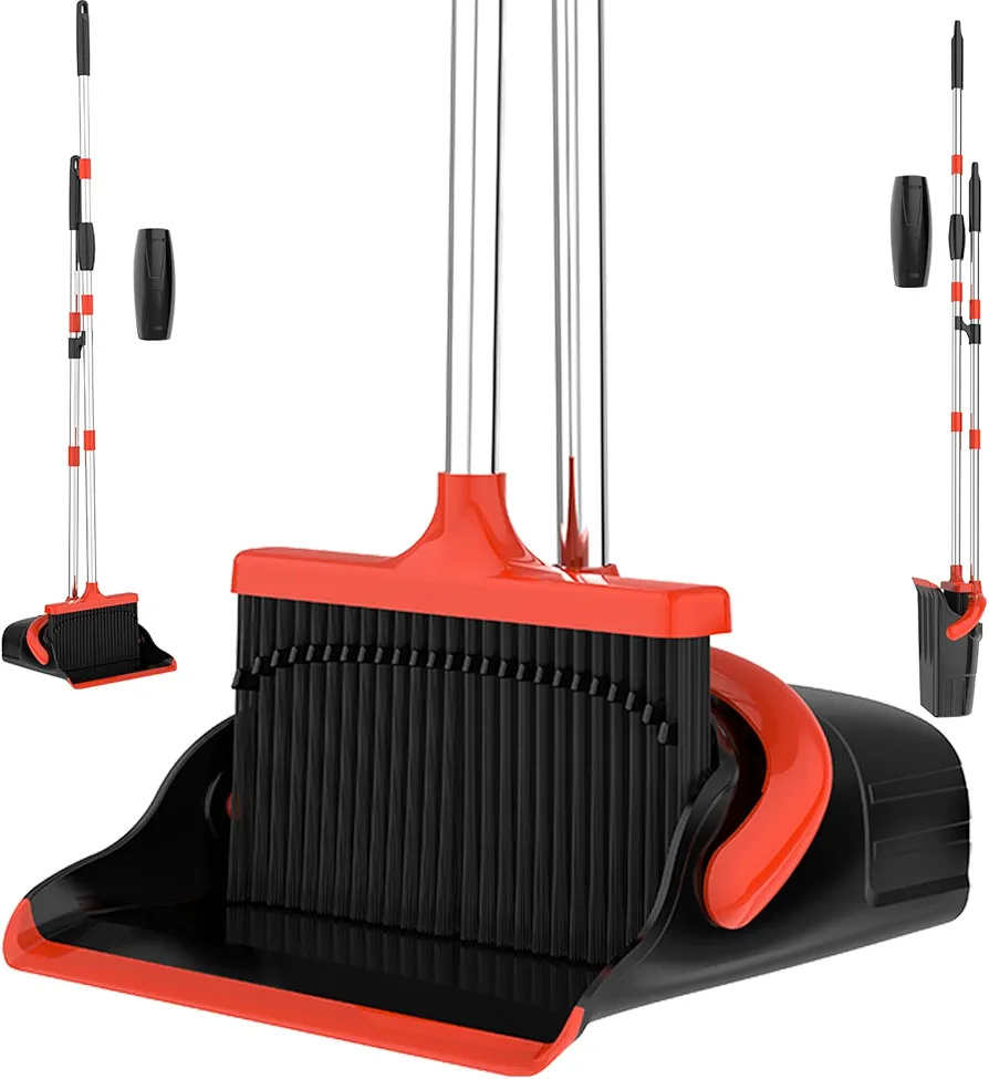 Broom and Dustpan Set for Home, 52'' Long Handle Lightweight Indoor Broom Set Heavy Duty, Upright Standing Dust Pan with Comb Teeth Store Sweep Set for Room Kitchen Office Lobby-Black&Red