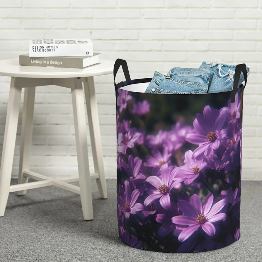 Laundry Basket Waterproof Laundry Hamper With Handles Dirty Clothes Organizer Blooming Purple Flowers Print Protable Foldable Storage Bin Bag For Living Room Bedroom Playroom, Small, Black