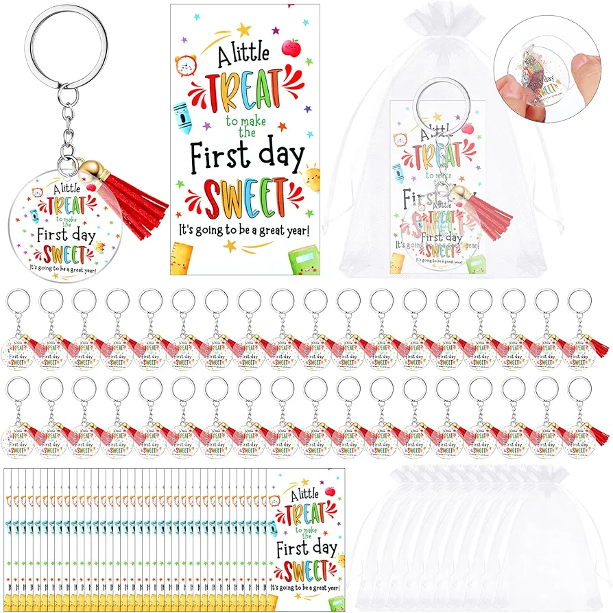 36 Set Back to School Gifts Include 36 First Day School Supplies Tags 36 Acrylic Keychains with Tassels and 36 Organza Bags for Teachers Students Kids Welcome Back to School Classroom Gifts