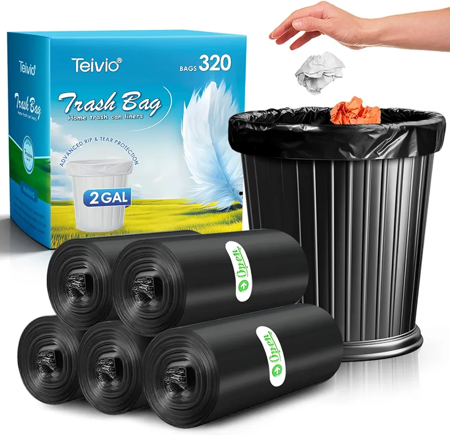 Teivio 2 Gallon 320 Counts Strong Trash Bags Garbage Bags, Bathroom Trash Can Bin Liners, Small Plastic Bags for Home Office Kitchen Kitchen (Black)