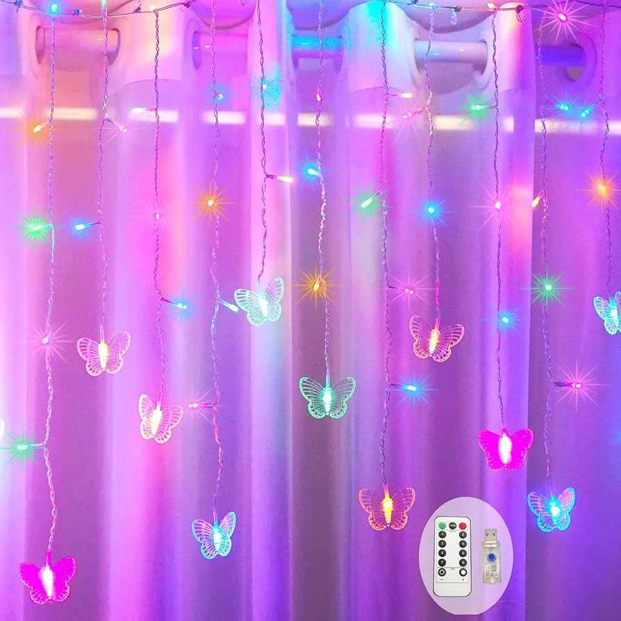 Buttterfly Curtain Fairy Lights with Remote Twinkle Firefly String Lights USB Powered 120 LED 14.7 FT 8 Modes for Bedroom Patio Wall Wedding Christmas Party Decoration (Multi-colored)