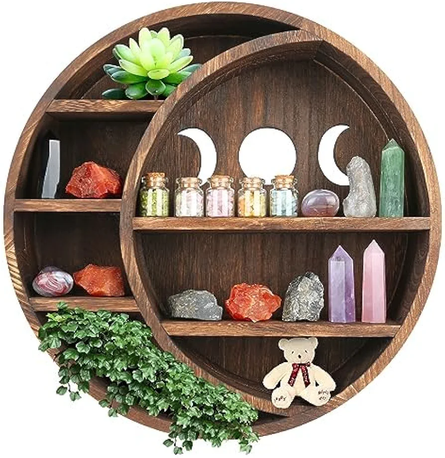 Crystal Holder, Crystal Display for Crystal, Stone, Essential Oil, Small Plant and Art, Crystal Shelf, Small Wall Shelf Decor for Bedroom, Living Room, Rustic Farmhouse Wall Decor (Moon)