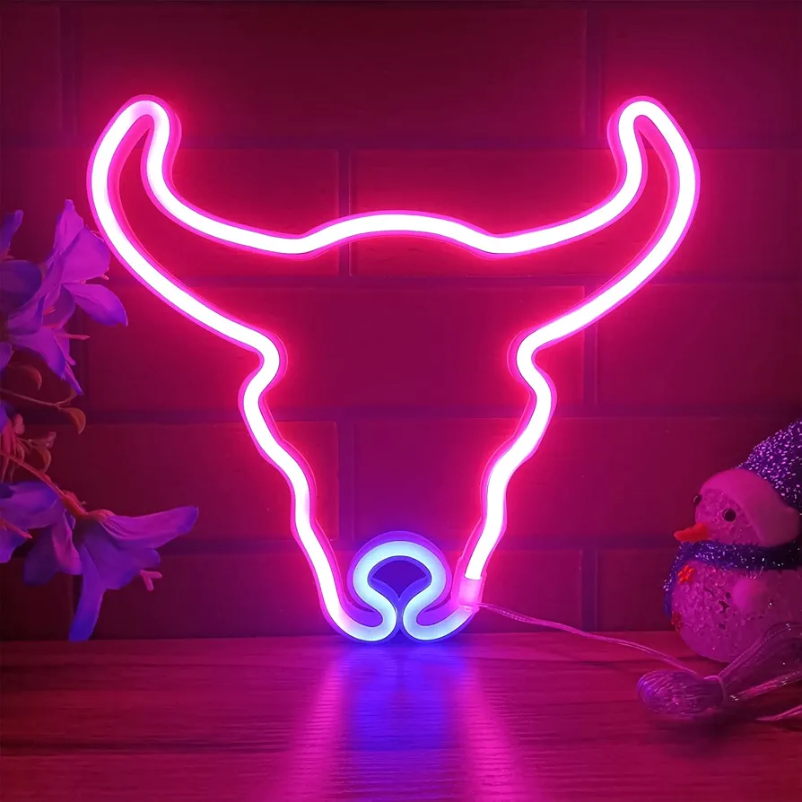 ENSHUI Bull Neon Sign for Wall Decor, USB/Battery Powered LED Cow Neon Lights for Bedroom, Children's Room, Wedding, Bar, Cow Party Decoration (Pink/Blue)