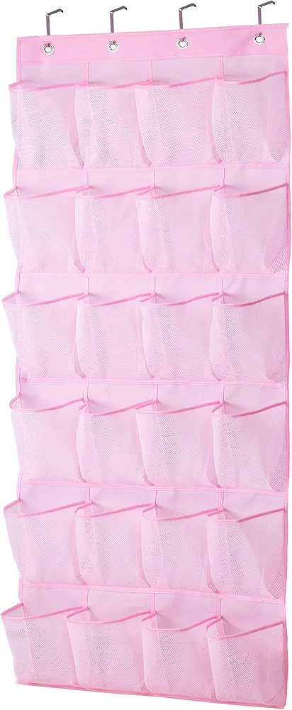 MISSLO Kids Shoe Organizer Pink Room Decor for Bedroom Door Hanging Baby Closet Storage over the Rack Breathable 24 Large Mesh Pockets for Toddler Girl