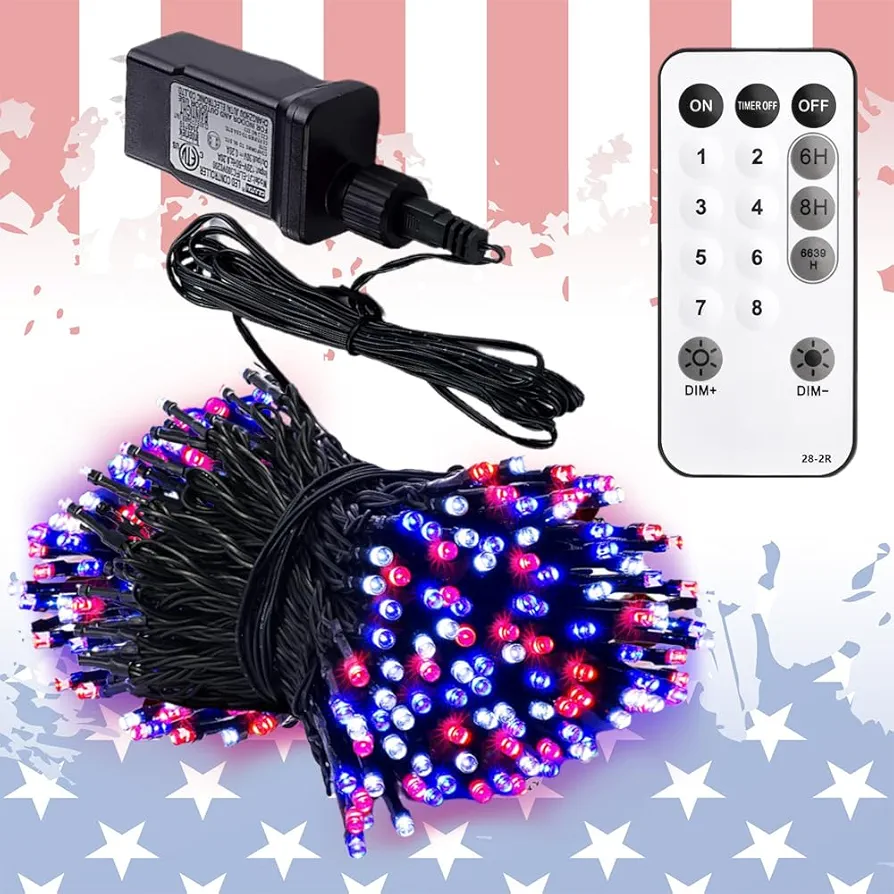 MEHOFOND 105ft 300 LED Red Blue and White String Lights 4th of July Independence Day Timer LED String Lights Plug in 8 Modes Patriotic Party Decoration Supplies Indoor Outdoor