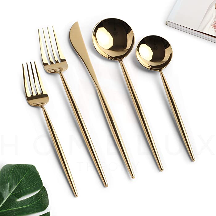 Homelux Theory 18/10 Gold Silverware Set Stainless Steel Gold Flatware Gold Utensils Set Gold Cutlery Set| 5-piece Modern Cubiertos Dorados| BEST Birthday Wedding Gift (2 sets, Gold mirror polish)