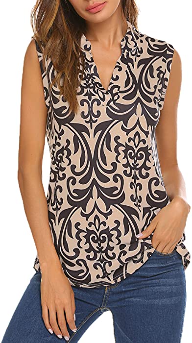 Halife Women's Sleeveless Floral Print V Neck Tunic Tank Tops Blouse Shirts