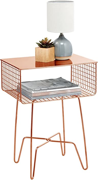 mDesign Modern Farmhouse Side/End Table - Solid Metal Design, Open Storage Shelf Basket, Hairpin Legs - Sturdy Vintage, Industrial Home Decor Accent Furniture for Living Room, Bedroom - Rose Gold