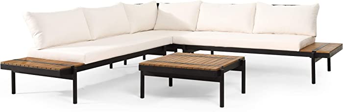 Christopher Knight Home 314762 Theo Outdoor Conversation Sets, Cream + Black Metal + Teak