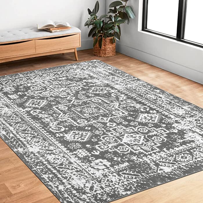 Pauwer Vintage Boho Area Rug 5'X 7', Non-Slip Distressed Area Rug Accent Throw Low Pile Rugs, Non-Shedding Madallion Floor Carpet for Bedroom Living Room Dining Home Office, Grey