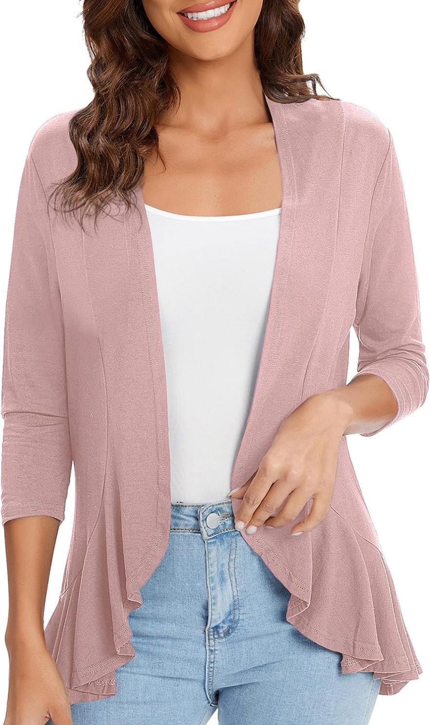 Urban CoCo Women's Casual Lightweight Open Front Cardigan Soft Draped Ruffles 3/4 Sleeve