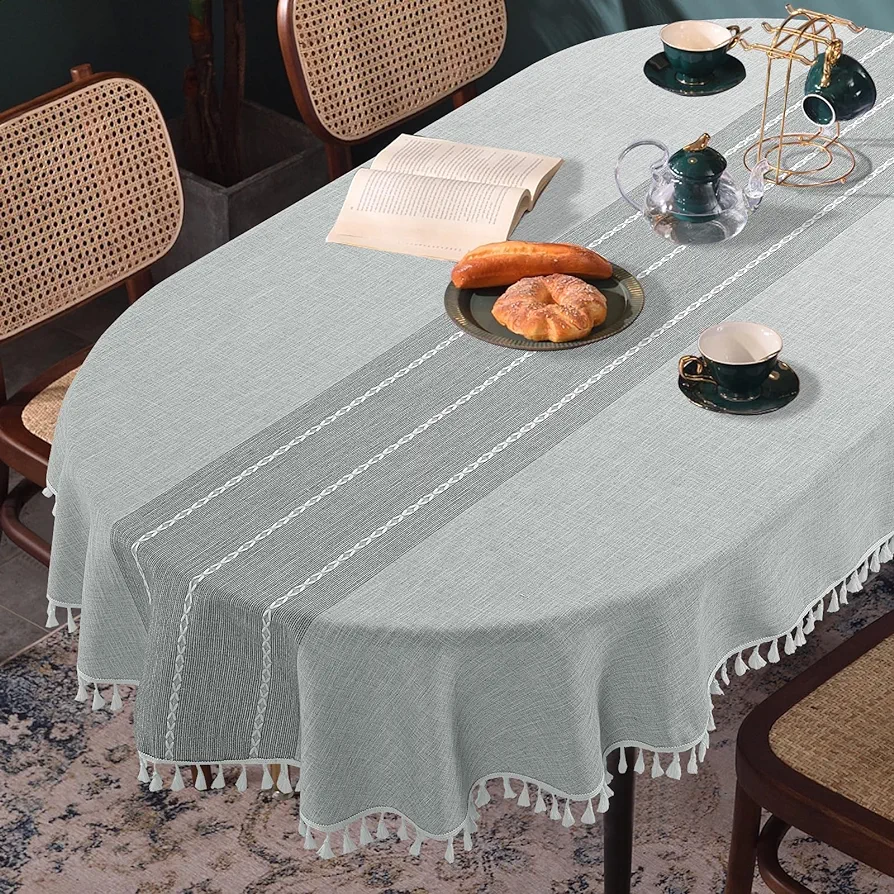 HOMBYS Solid Embroidery Oval Tablecloth with Tassels for Oval Table, Lace Dust-Proof Table Cover for Kitchen Dinning, Wrinkle Free Anti-Fading Tabletop Decoration (Grey, 52" W x 70" L)