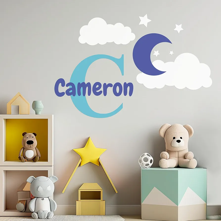 EGD Personalized Name Decal for Bedroom Decor of Moon, Clouds and Stars I Custom Name for your Baby Room Decoration I Nursery Decor for Girls & Boys I Custom Stickers for Nursery Wall Decor