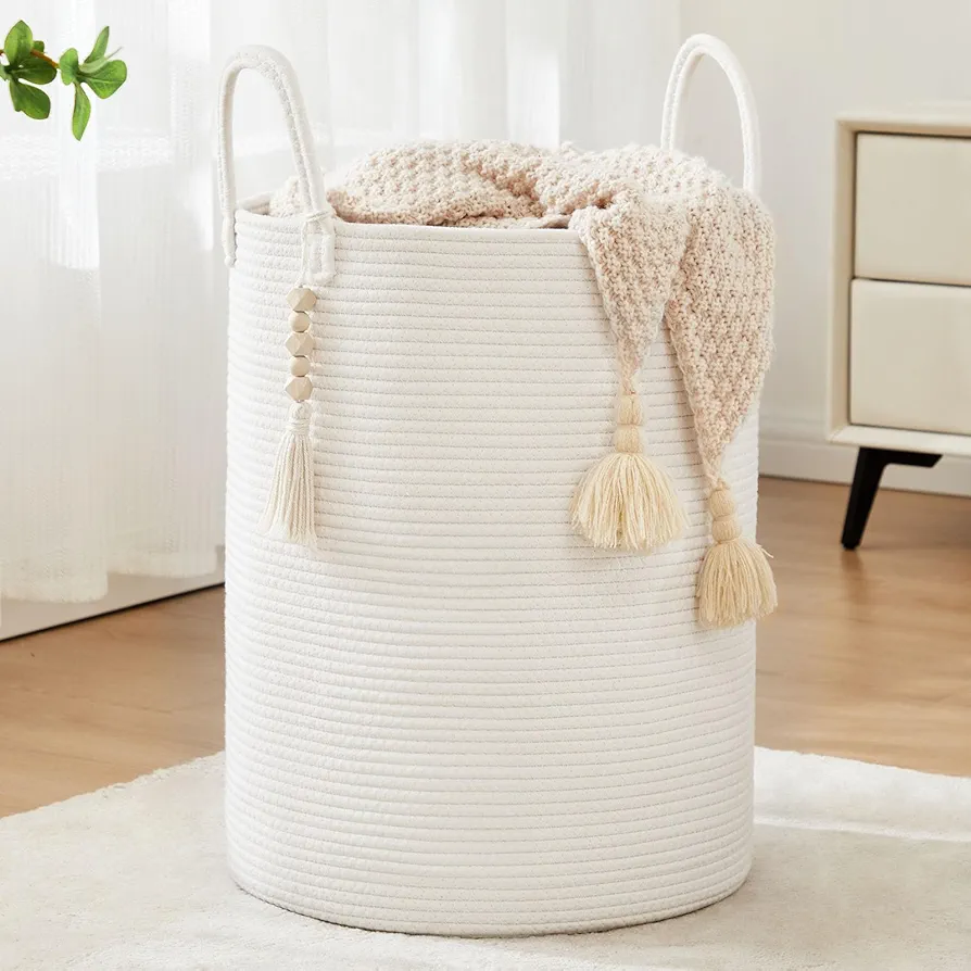 Woven Rope Laundry Hamper, Tall Laundry Basket for Blanket Storage, Large Dirty Clothes Hamper for Toys, Decorative Baby Nursery Hamper for Bedroom, Living Room - White, 72L