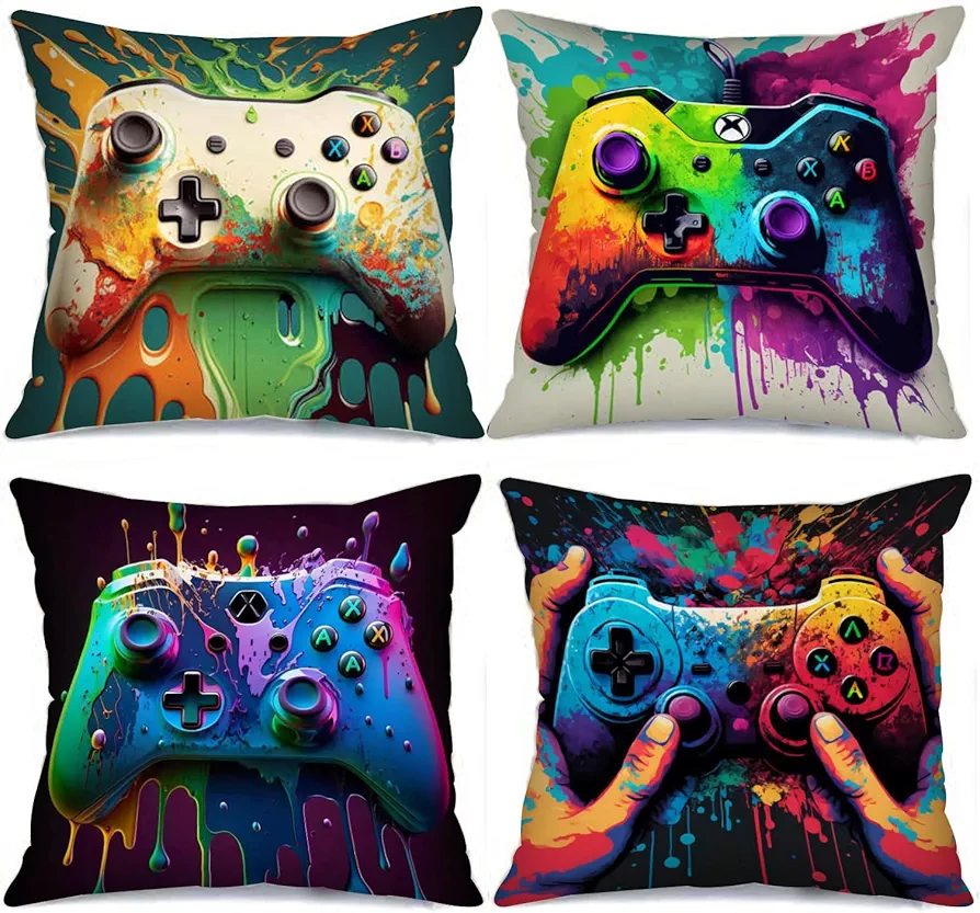 Gamepad Print Pillow Covers Decorative 18x18 inch Set of 4 Game Console Throw Pillow Covers Suitable for Game Room Decoration Cushion Case Outdoor Decorations Throw Pillow for Couch Sofa Home Decor