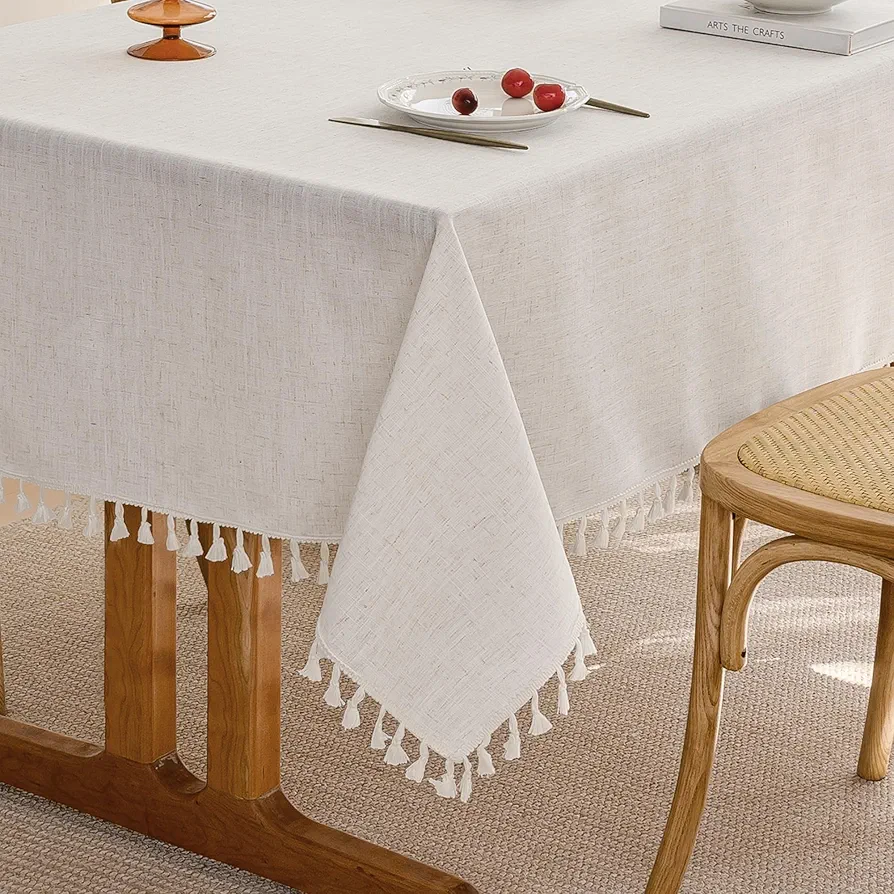 Cream Linen Tablecloth for Rectangle Table Farmhouse Burlap Table Cloths with Tassel Kitchen Dining Room Water Repellent Wrinkle Free Rustic Boho Oblong Table Cover for Thanksgiving Party, 55x86 Inch