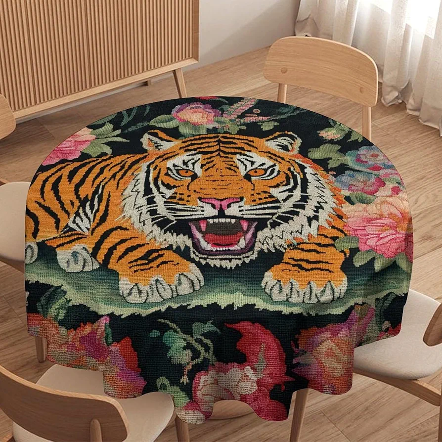 Chinoiserie Tibetan Tiger Round Tablecloth Pink Green and Turquoise Asian Table Cloth 50x50in Table Cover Outdoor Washable Polyester Table Decor for Dining Room Party Picnic