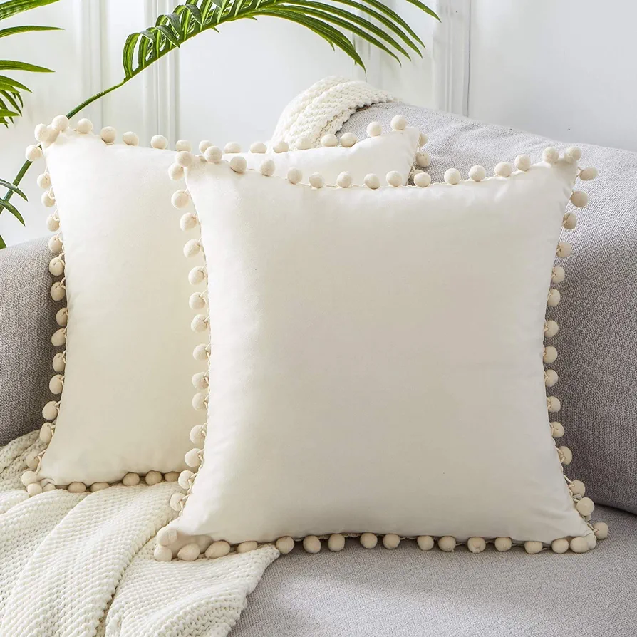 Top Finel Decorative Throw Pillow Covers 18x18 Set of 2, Cream White Couch Square Pillow Covers for Sofa Bed, Soft Velvet Cushion Covers with Pom Poms for Livingroom Bedroom Modern Home Decor