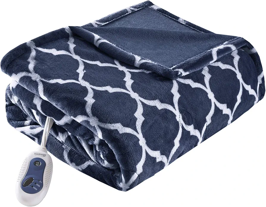 Beautyrest Ogee Printed Plush Electric Blanket for Cold Weather, Fast Heating, Auto Shut Off, Virtually Zero EMF, Multi Heat Setting, UL Certified, Machine Washable, Indigo Oversized Throw 60x70