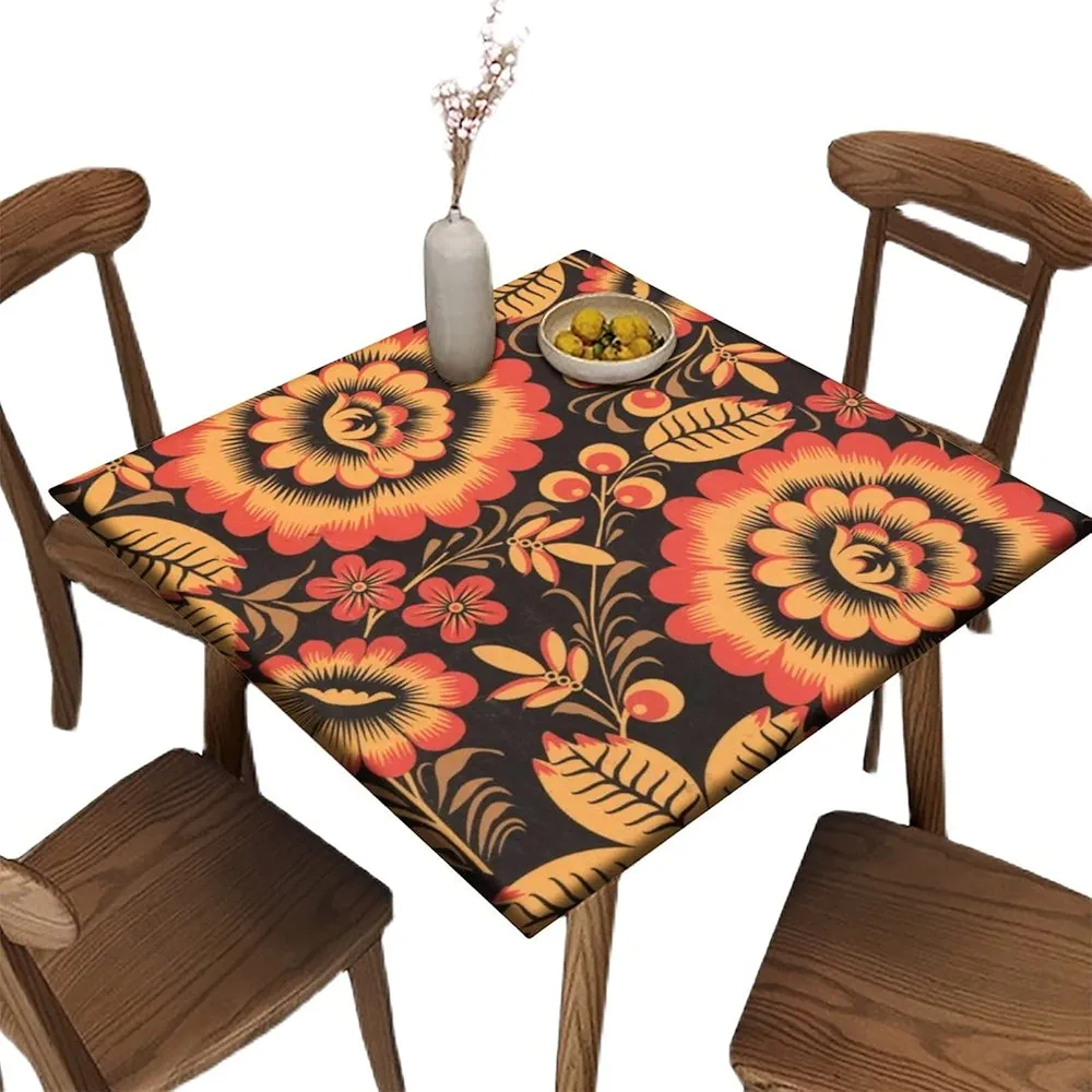 Floral Fitted Polyester Tablecloths Square, Bohemian Flower Elastic Edge Decorative Tablecloths, Stain Resistant Washable Table Clothes for Living Room Kitchen Use, Fits 30" X 30" Square Table