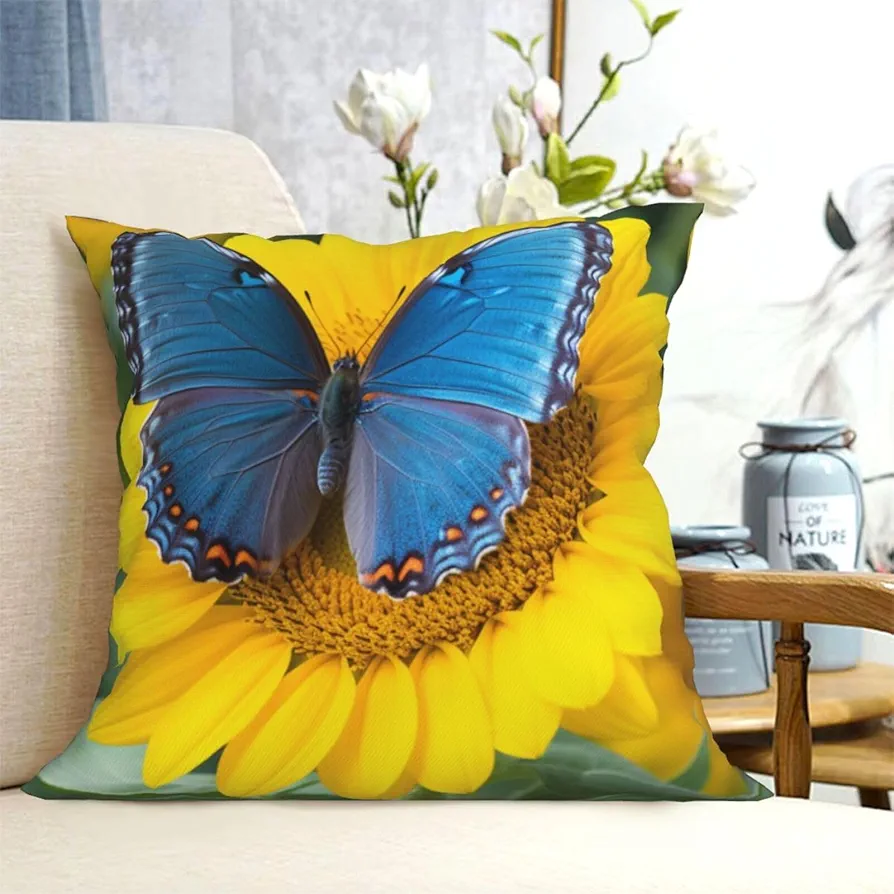 Decorative Throw Pillow Covers 18"x18" Pillow Covers for Sofa Sunflower Blue Butterfly Double Sided Couch Throw Pillow Cases Square Cushion Case for Living Room Cushion Cover for All Season