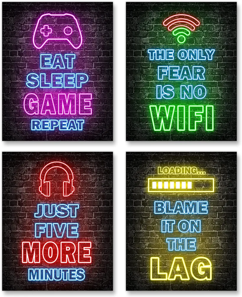 Printed Neon Gaming Posters Set of 4 (8”X 10”), Boys Room Decorations for Bedroom,Video Game Wall Art,Gamer, Teen boy bedroom, game room, No Frames