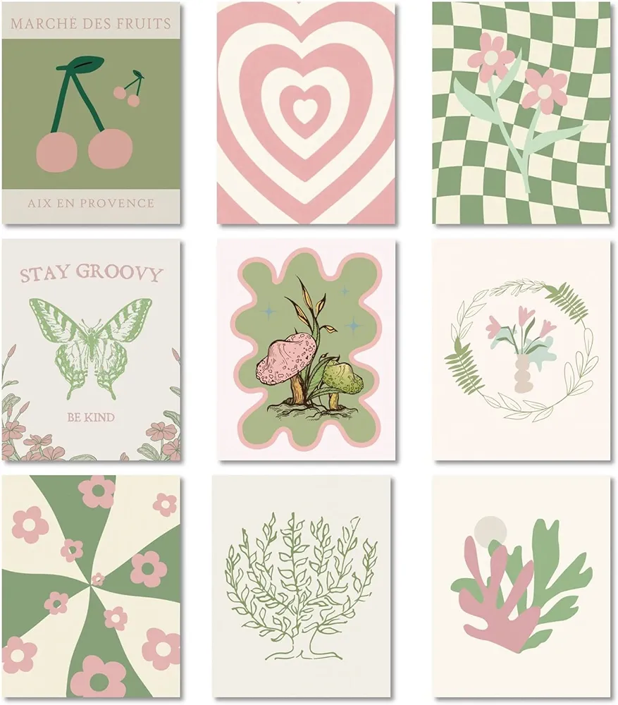 Danish Pastel Posters 8x10 9pcs Aesthetic Room Decor Green And Pink Wall Art Prints Collage Cute Coquette Trendy Preppy Coconut Girl Y2k Kawaii Indie Retro Pictures Butterfly Heart Cherry