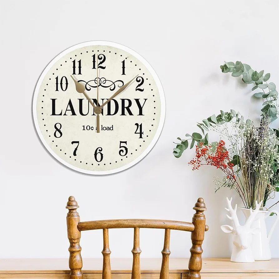 Laundry Room Hanging Clocks Laundry Room PVC Wall Clock Silent Non-Ticking Decor for Living Room Home Retro Funny Clock 12"x12" Wall Hanging