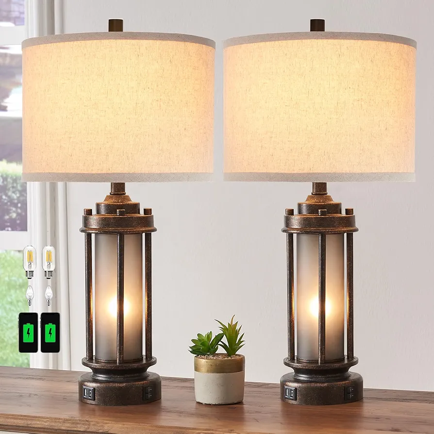 Set of 2 Farmhouse Lamps for Living Room, Rustic Vintage Bedroom Nightstand Table Lamp with 2 USB Charging Ports, Built-In Frosted Glass Night Light for End Table Entryway, 4 Bulbs Included (Bronze)