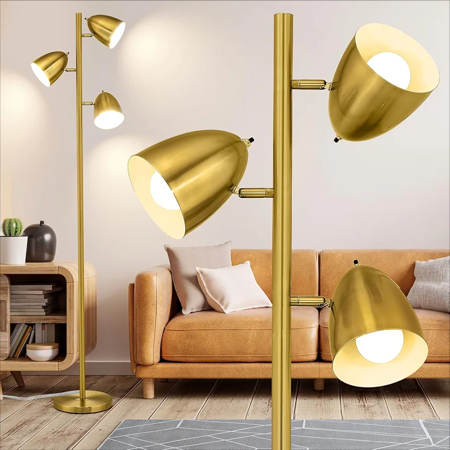 Tree Floor Lamp with 3 Light Bulbs Standing Tall Pole Lamps with Adjustable Metal Heads 65"Reading Stand up Lamps with E26 Base Modern Floor Lamps for Living Rooms, Bedrooms, Home, Office(Gold)