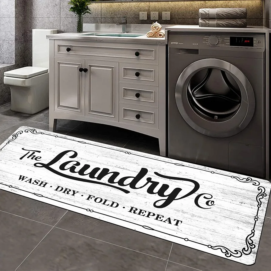 SHANJIN Laundry Room Runner Rug 20"X49" Non-Slip Rubber Laundry Room Mats for Laundry Room Decor Washable Runner Rugs for Kitchen Floor Bathroom Hallway Entryway Area Rugs (White)