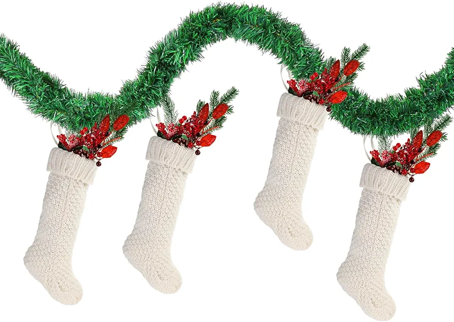 Unittype 5 Pcs Christmas Stockings and Garland Set Include 4 Pcs 14.6 Inch Ivory Rustic Knitted Christmas Stockings and 54.13 ft Artificial Green Christmas Garland for Xmas Party Room Tree Decoration