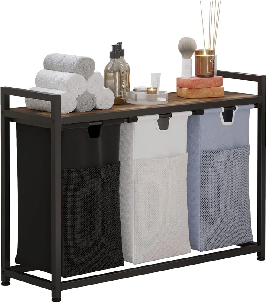 Laundry Basket Three Laundry Hamper with Removable Bags, Fabric Handles, Large Top Shelf and Laundry Bag for Bathroom, Dorm, Laundry Room