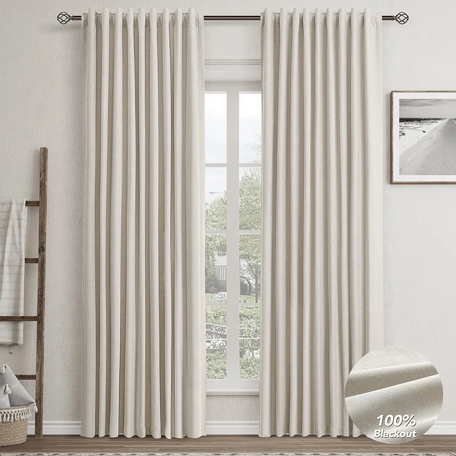 Greyish Beige Linen Blackout Drapes 84 Inch Length 2 Panels Set for Living Room Light Blocking Curtains Lined with White Backing Light Taupe Thermal Insulated Room Darkening Curtains for Bedroom