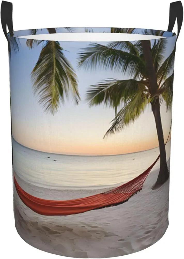 Laundry Baskets with Handles Waterproof Small inches Storage Basket, Collapsible Laundry Hampers, Laundry Room Organization & Apartment Essentials - Paradise Beach with Hammock Coconut Palm Trees