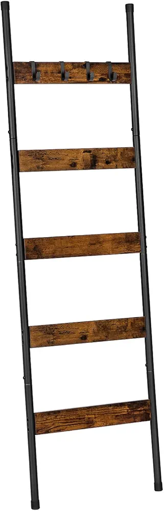 HOOBRO Blanket Ladder, 5-Tier Towel Rack with Hooks, Wall-Leaning Blanket Rack, Decorative Display Ladder Shelf, Scarves, Industrial, Living Room, Bedroom, Rustic Brown and Black BF52CJ01