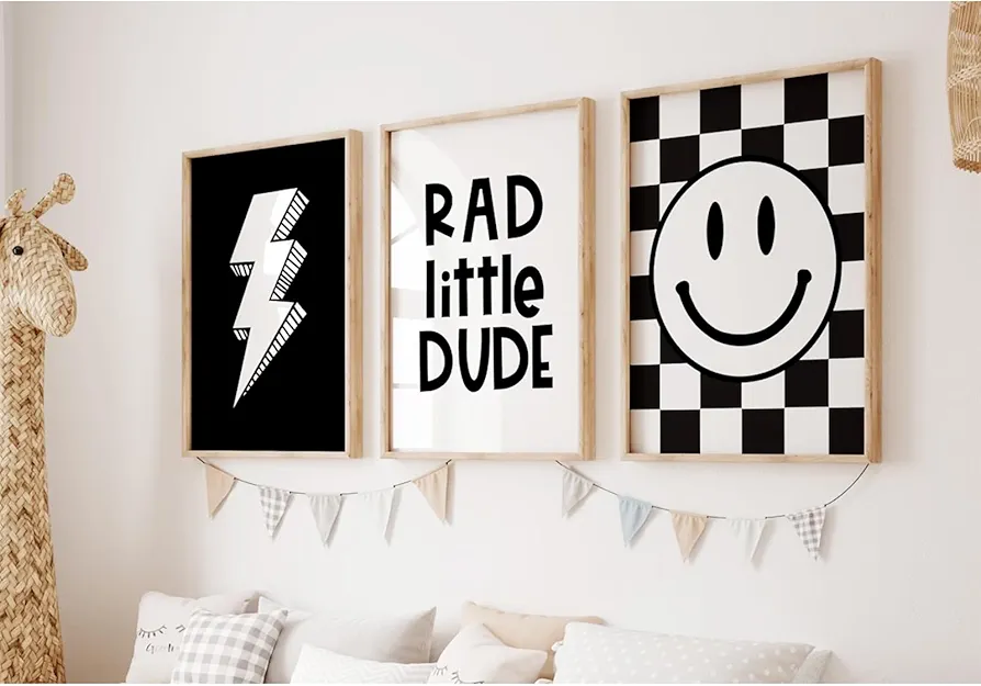 Boys Room Wall Art Decor Set of 3 Toddler Nursery Canvas Wall Art Baby Kids Wall Decor Black Checkered Smiley Poster Pictures Retro Playroom Rad Little Dud Art Prints for Bedroom 16x24 Inch Unframed