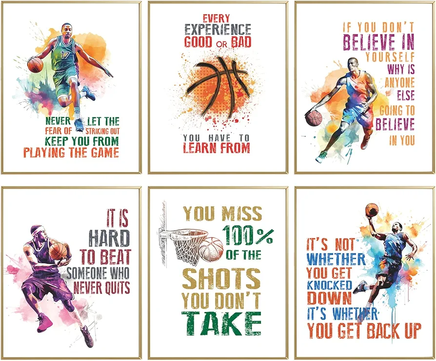 Inspirational Basketball Posters For Bedroom, Positive Quotes Sports Posters Wall Decor, Basketball Decor For Boys Men Room Bedroom, Motivational Posters Basketball Wall Art Print Set Of 6 8x10