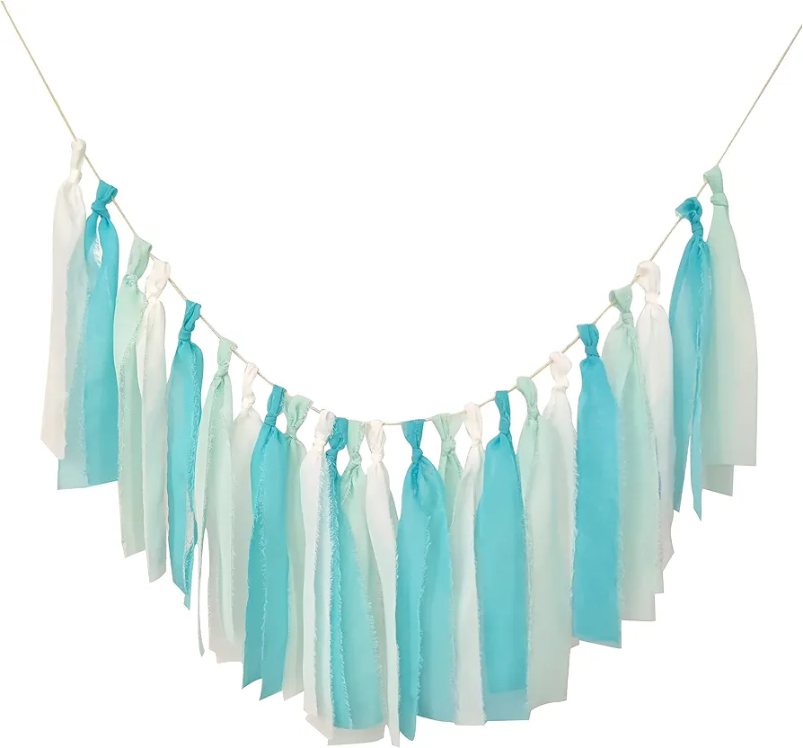 Chiffon Tassel Garland for Home Decortaion Nursery Room Wedding Birthday Party Backdrop Decor (Turquoise+Light Blue + White)