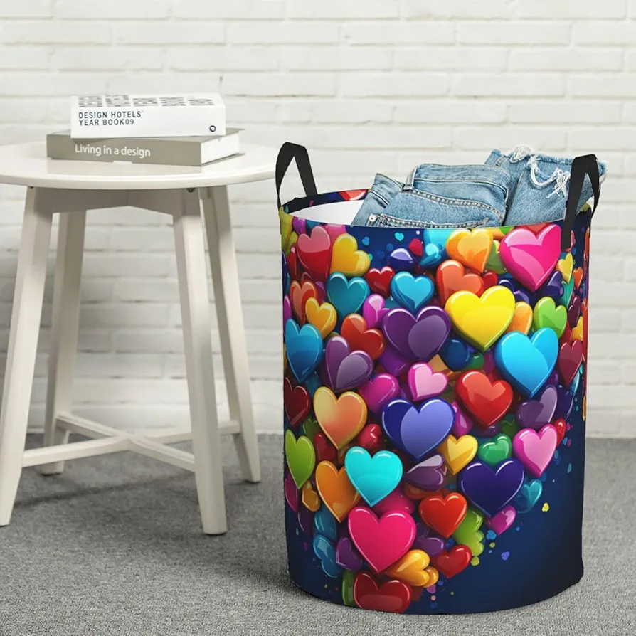 Laundry Basket Waterproof Laundry Hamper With Handles Dirty Clothes Organizer Colourful Heart Print Protable Foldable Storage Bin Bag For Living Room Bedroom Playroom, Small, Black