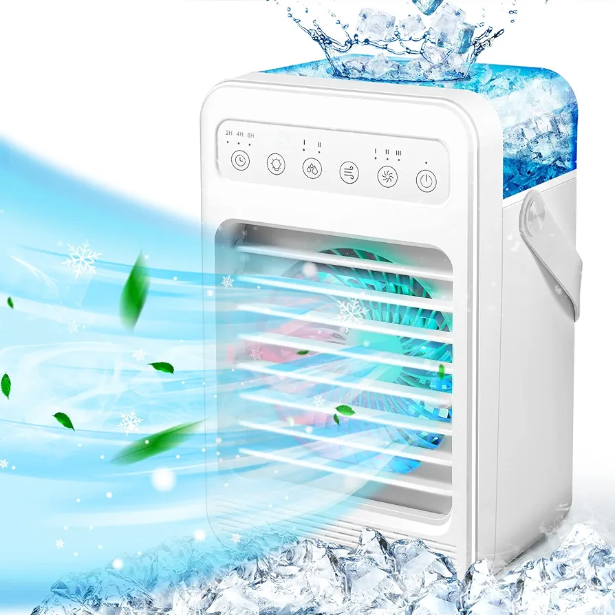 Portable Air Conditioners, Evaporative Air Cooler Humidifier with 4 Speeds 7 Colors Light, 2/4/6H Timing Personal Air Conditioner Fan, Portable Room Air Conditioners Quiet Air Cooler for Room Office