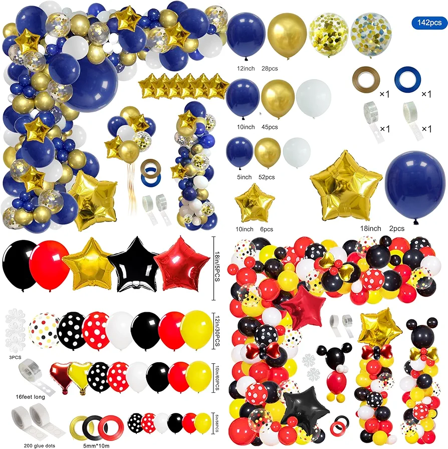 148pcs Navy Blue Gold Balloons and 142pcs Mickey Mouse Balloons for Graduation Shower Wedding Cartoon Mickey Theme Birthday Classroom Decoration