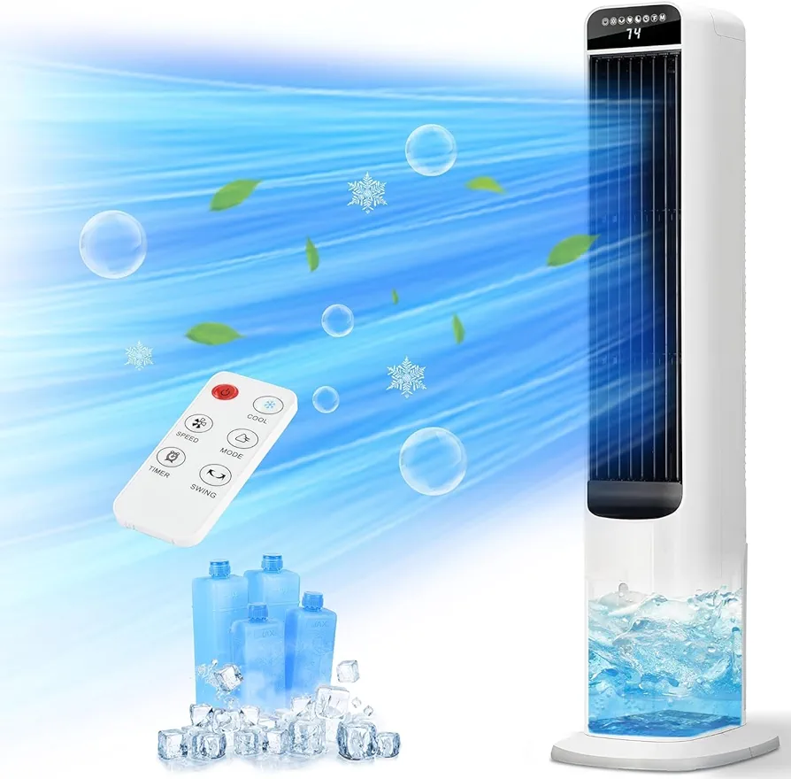 Evaporative Air Cooler,Tower Fan with Remote,Electric Cooling Fan with 3 Speeds,3 Mode,Oscillating Floor Fan,Bladeless Water Fan with 12H Timer,Swamp Cooler Air Conditioner for Room Bedroom